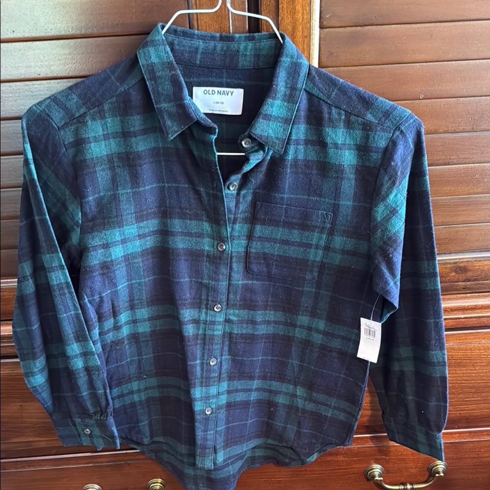 Old Navy Men's Blue and Green Plaid Shirt